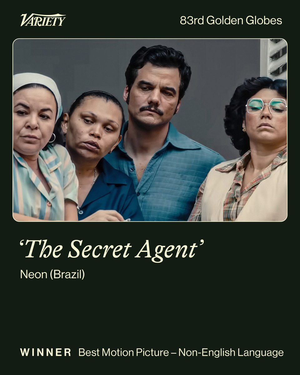 #GoldenGlobes: "The Secret Agent" (Brazil) wins the Golden Globe for Motion Picture — Non-English Language.

See all the winners: variety.com/lists/golden-g…