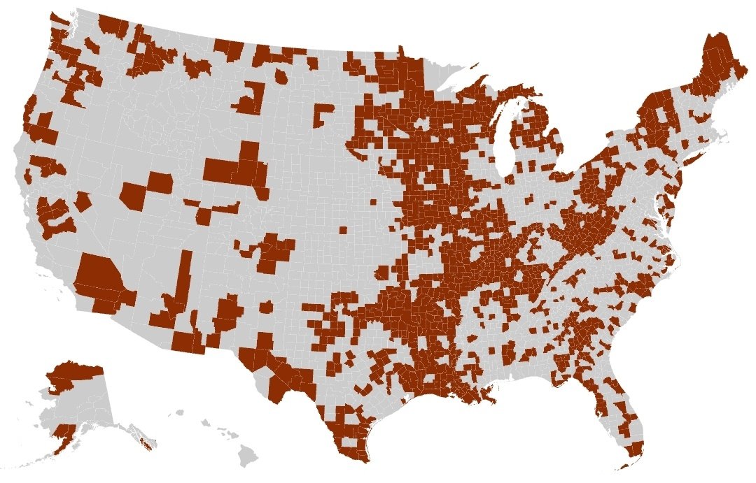 DJBranham's tweet image. Every county that voted for Bill Clinton and Trump