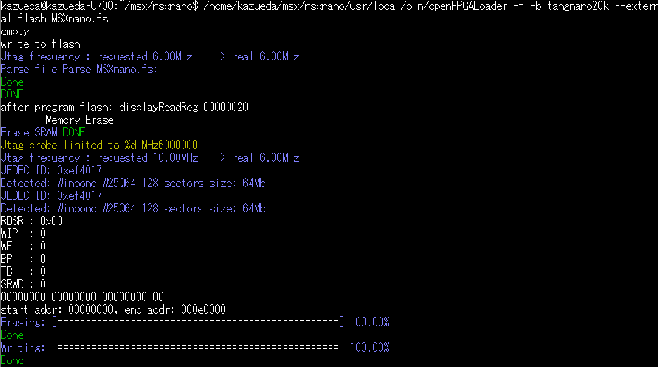 kazueda's tweet photo. WonderTANGで使っていたTang Nano20KにWindows上のGoWinProgrammerでfsファイルやROMファイルを書き込めませんでした。しかし、Linux上のopenFPGALoaderを使うと問題なくファイルの書き込みができました。#fpga #gowin #openfpgaloader https://t.co/atLU6ztjSt