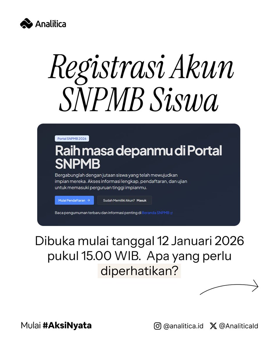 AnaliticaId's tweet photo. 😇Registrasi Akun SNPMB 2026 bagi siswa dimulai hari ini, 12 Januari 2026 pukul 15.00 WIB.

Apa aja yang perlu diperhatikan agar tidak terdiskualifikasi? Cek thread ini.

🧵Utas