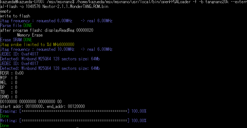 kazueda's tweet photo. WonderTANGで使っていたTang Nano20KにWindows上のGoWinProgrammerでfsファイルやROMファイルを書き込めませんでした。しかし、Linux上のopenFPGALoaderを使うと問題なくファイルの書き込みができました。#fpga #gowin #openfpgaloader https://t.co/atLU6ztjSt