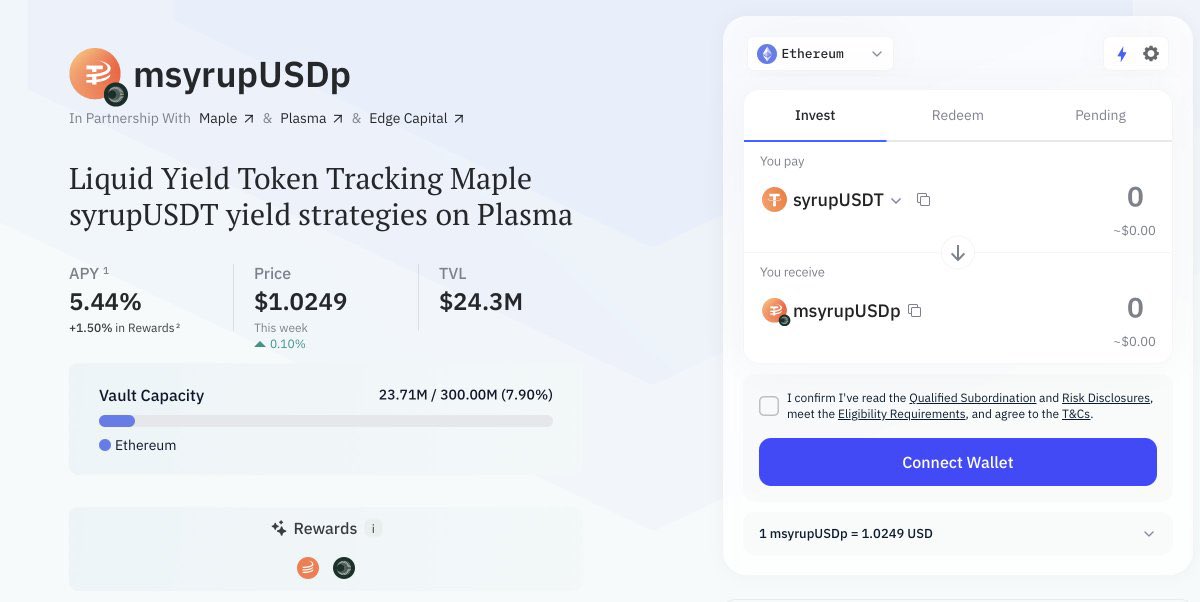 TheWeb3Vixen's tweet photo. The msyrupUSDp vault is a @maplefinance managed dollar vault on @Plasma.

Instead of stablecoins just sitting idle, the vault actively deploys them into DeFi strategies across Aave and Fluid to generate yield.

It’s a dollar denominated vault designed to earn double digit returns (10%+ APY) by using lending, borrowing, and liquidity strategies.

Maple manages the allocation and rebalancing, so the capital is continuously put to work rather than left unused.

In simple terms, your stablecoins aren’t parked.

They’re being deployed across established DeFi protocols to earn yield.

If you’re looking to earn on dollars without actively managing strategies yourself, this is an option worth exploring.

Start here 👇
https://t.co/Teei5PtPnR