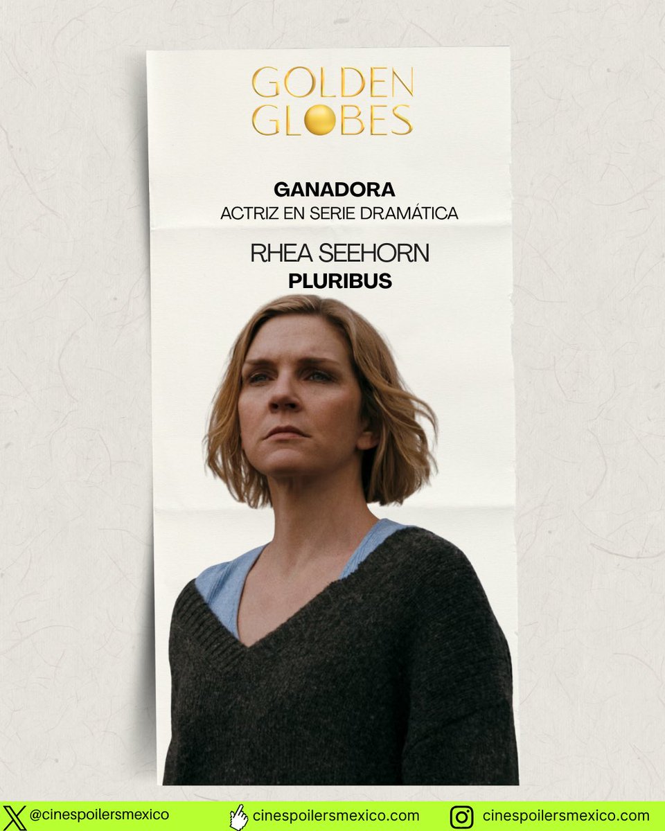 CineSpoilersMex's tweet photo. #RheaSeehorn ("Pluribus") gana el #GloboDeOro a Mejor Actriz en una serie de drama #GoldenGlobes2026 https://t.co/fJm6Wjb6vF