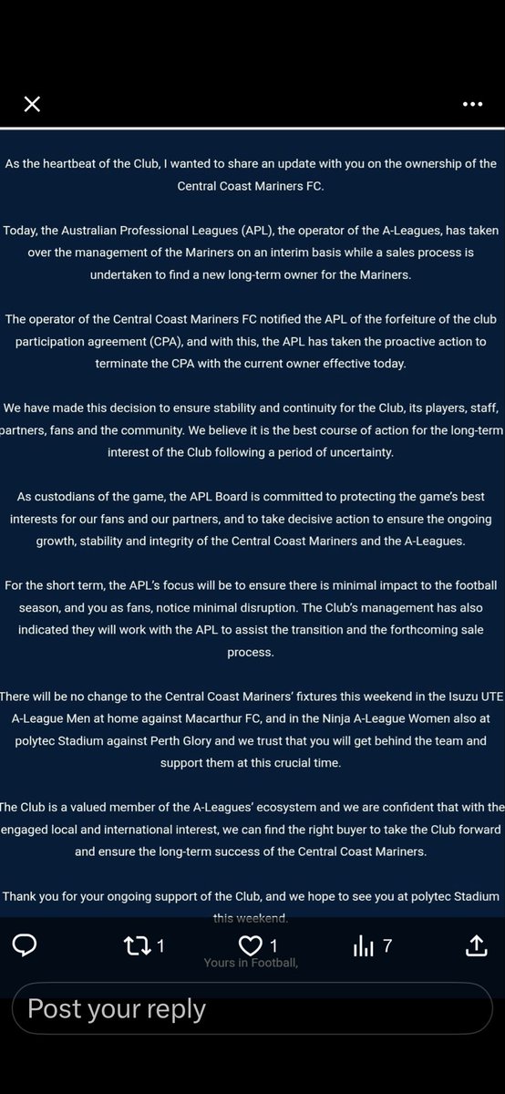 Gatty54's tweet photo. What a bloody mess. 
The Mariners are on the ropes.
It’s a disgrace.
The people involved should hold their heads in shame.
It’s one disaster to another.
And the fans have been treated like mugs.
Unless there’s a savior out there I think the club could be in serious trouble https://t.co/YaHi5C3chk