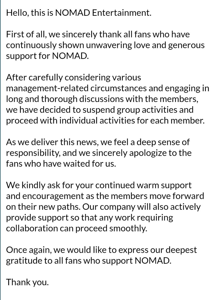 nugupromo's tweet image. NOMAD have disbanded.

They will remain under NOMAD Entertainment and pursue individual activities.