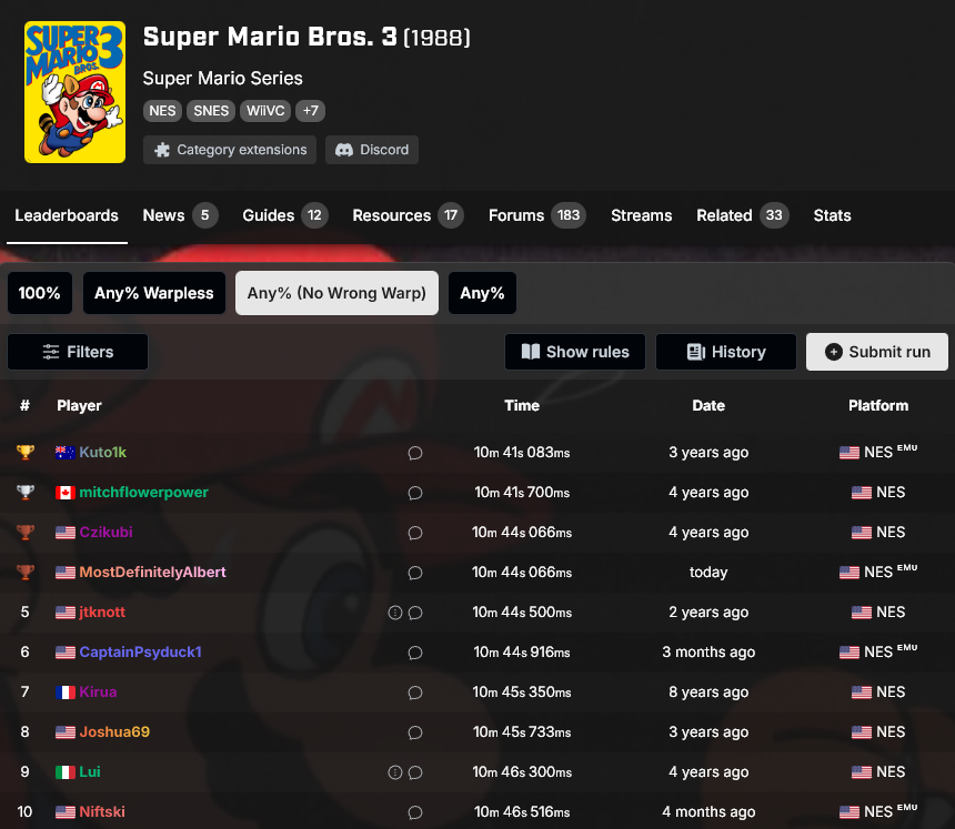 Haven't posted about this on Twitter just yet, but I've been speedrunning Super Mario Bros. 3! For the past half year or so, I've been grinding this game on and off, and just earlier today I achieved tied 3rd place in the Any% No Wrong Warp category after a month of doing runs!