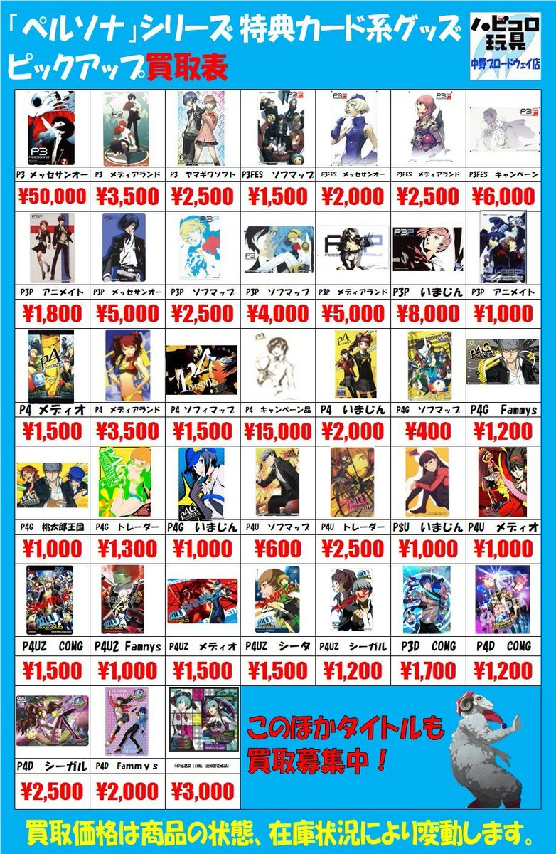 info＞ #ペルソナ4 ワンコインフィギュア 主人公さん＆足立透さん入荷してます👓 現状品なのでお求めやすい価格で売り場だししてます！  このほかペルソナシリーズグッズも在庫不足してますので1点1点しっかり査定させて頂きます📺 是非お持ち込み下さい～ #ペルソナ #中野 ...
