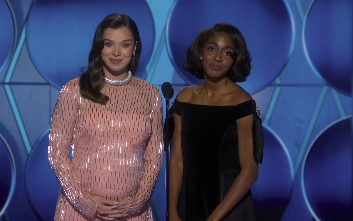 noradominick's tweet photo. the #goldenglobes playing starving by hailee steinfeld while hailee steinfeld walks out to present with ayo edebiri, who she starred in dickinson with. the ancient texts. they've returned https://t.co/DDhlWb7VLq