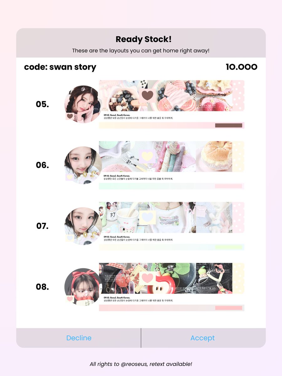 reoseus's tweet image. help repost, thank you! ♥︎ #zonauang

i have few layout you can take home! ^____^ with code: swan storyㅡ cukup dengan 10.000 koin saja! free retext, dm me to pick 'em. ♥︎

muse: ulzzang, ian, hanni, carmen, wony - wonyoung, wonhee, winter.