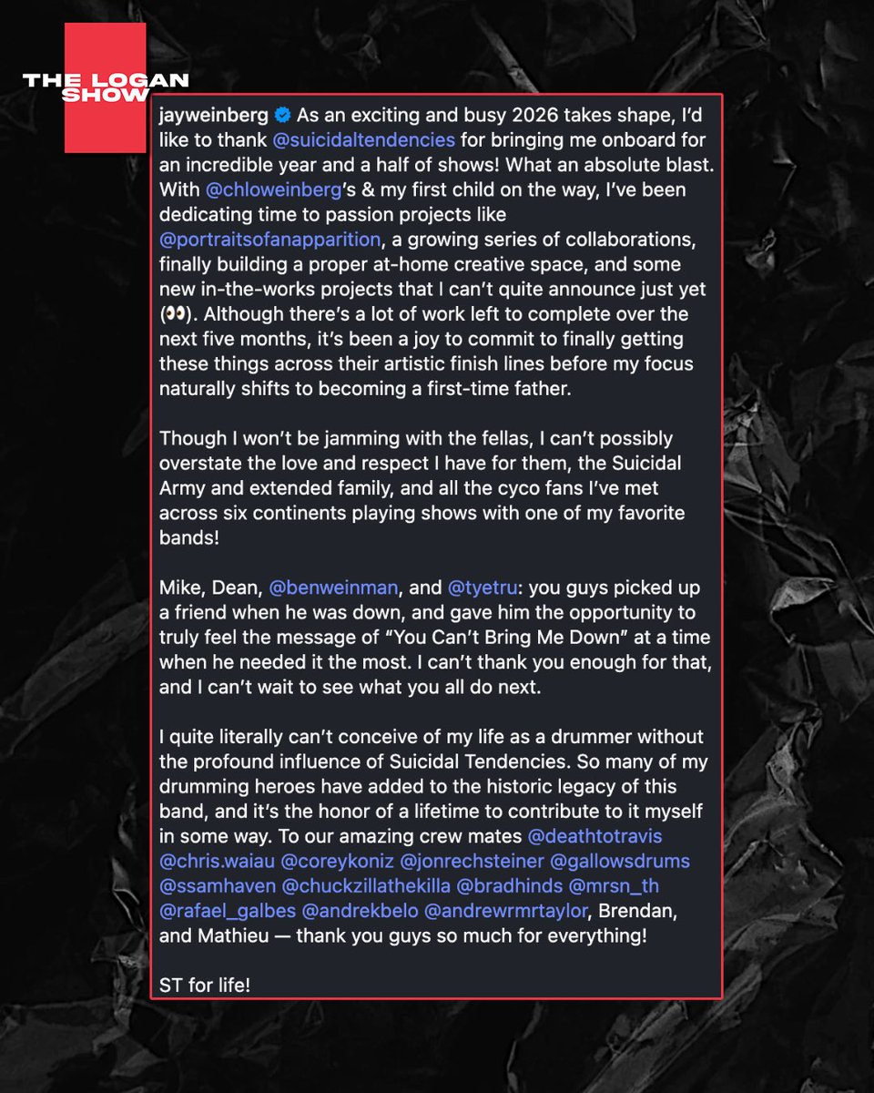Now Jay Weinberg is out of Suicidal Tendencies. Not even 2 weeks into the new year and already a handful of lineup changes in various bands😅