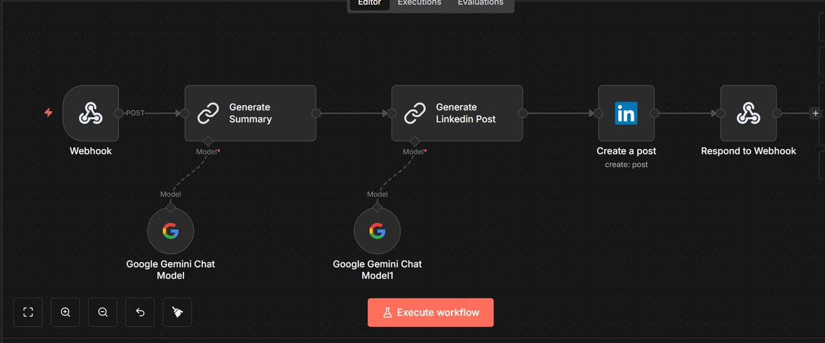 Shashid24514435's tweet photo. 🚀 AI-Powered LinkedIn Post Generator (n8n + Lovable)

⚡ What it does: 
🔗 Takes an article URL 
🧠 AI reads &amp; summarizes content 
✍️ Converts it into a LinkedIn-ready post 
🚀 Publishes automatically

#GenerativeAI #AIWorkflows #n8n #Lovable #LinkedInAutomation #day9 #nxtwave https://t.co/SMfNuHFuwu