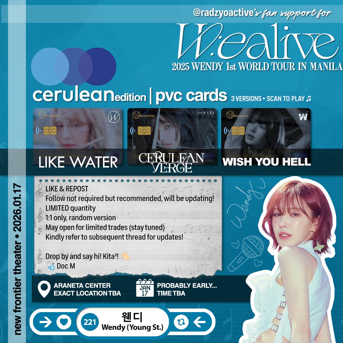 chapterhyo's tweet photo. —#radiologives

WENDY 1st WORLD TOUR <W:EALIVE> in MANILA
FAN SUPPORT by @radzyoactive

'CERULEAN' CC-insp. PVC cards 💳🛜📱▶️🎵
—like, RT
—follow optional
—limited qty, 1:1, random

Kita² 👋🏻🩵

#WENDY #웬디 #WEALIVE
#WEALIVE_IN_MANILA
#WENDY_WORLDTOUR
#WENDY_WORLDTOUR_IN_MANILA https://t.co/A8LbctCQEa