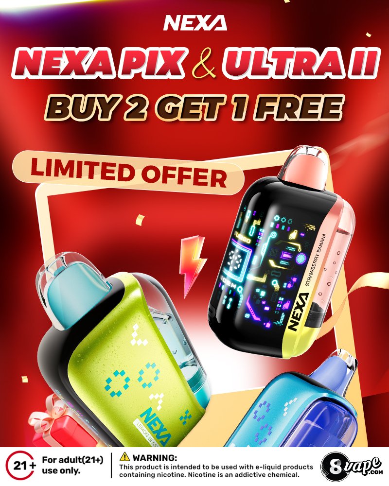 🔥 NEXA PIX &amp; ULTRA II Mega Deal! 🔥
Buy 2, Get 1 FREE — limited-time offer ends 01/31/2026 ⏰
Level up your vape game with bold flavors and sleek designs 💨✨
👉 Shop now: eightvape.com/brand/nexa/
🎁 Don’t miss your free one — stock up today!
#NEXA #EightVape #VapeDeals #VapeSale