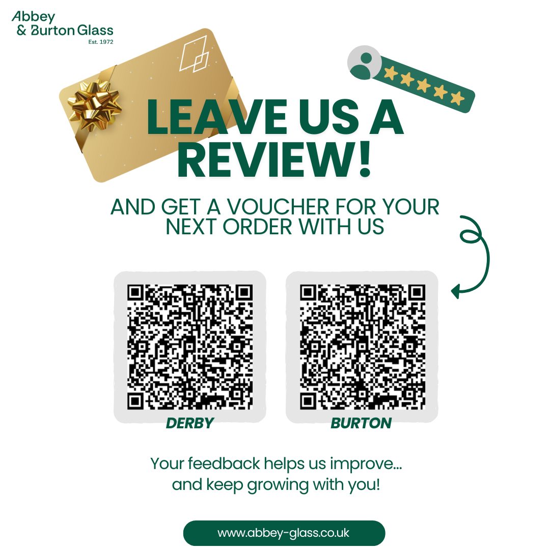 We’d love your feedback ⭐️

Leave us a review and receive a voucher for your next order 🎁
Scan the QR code to get started!

📍 Burton-on-Trent &amp; Derby
🌐 abbey-glass.co.uk

#AbbeyAndBurtonGlass #LeaveAReview #LocalBusiness #GlassExperts