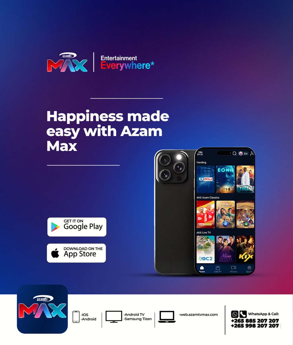 Azamtv_MW's tweet image. 📷 Entertainment without limits starts here.
Download AZAM MAX and enjoy top shows, movies, and LIVE TV wherever you are.
📷 Anytime. Anywhere. Total entertainment.
#AzamMax #AzamTV #StreamMore