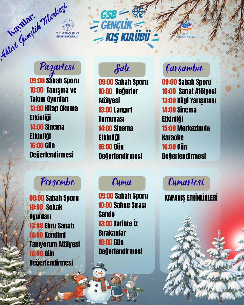 ❄️GSB Gençlik Kış Kulübü başlıyor! 

2026 yarıyıl tatilinde; sosyal, kültürel, sportif ve sanatsal etkinliklerle dolu dopdolu bir program gençleri bekliyor.  

🗓️ 1. Dönem: 19–24 Ocak 2026 (Pzt–Cmt)
🗓️ 2. Dönem: 26–31 Ocak 2026 (Pzt–Cmt)  
📍 Ahlat Gençlik Merkezi