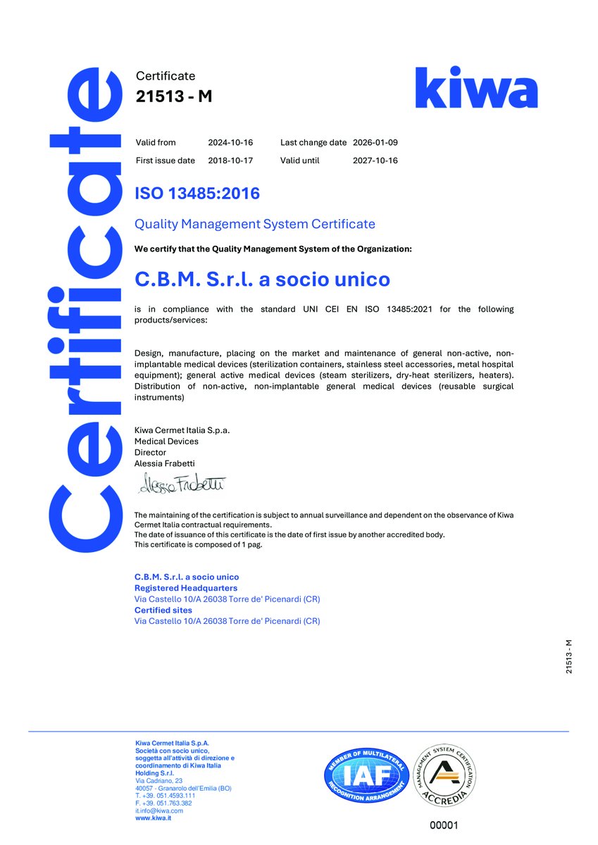 C.B.M. achieves a major milestone! ✅
Our CEI UNI EN ISO 13485:2021 certification is now extended to surgical instrument sales and medical device maintenance, reinforcing our commitment to quality and safety in healthcare.
#MedicalDevices #ISO13485 #QualityAssurance #Healthcare