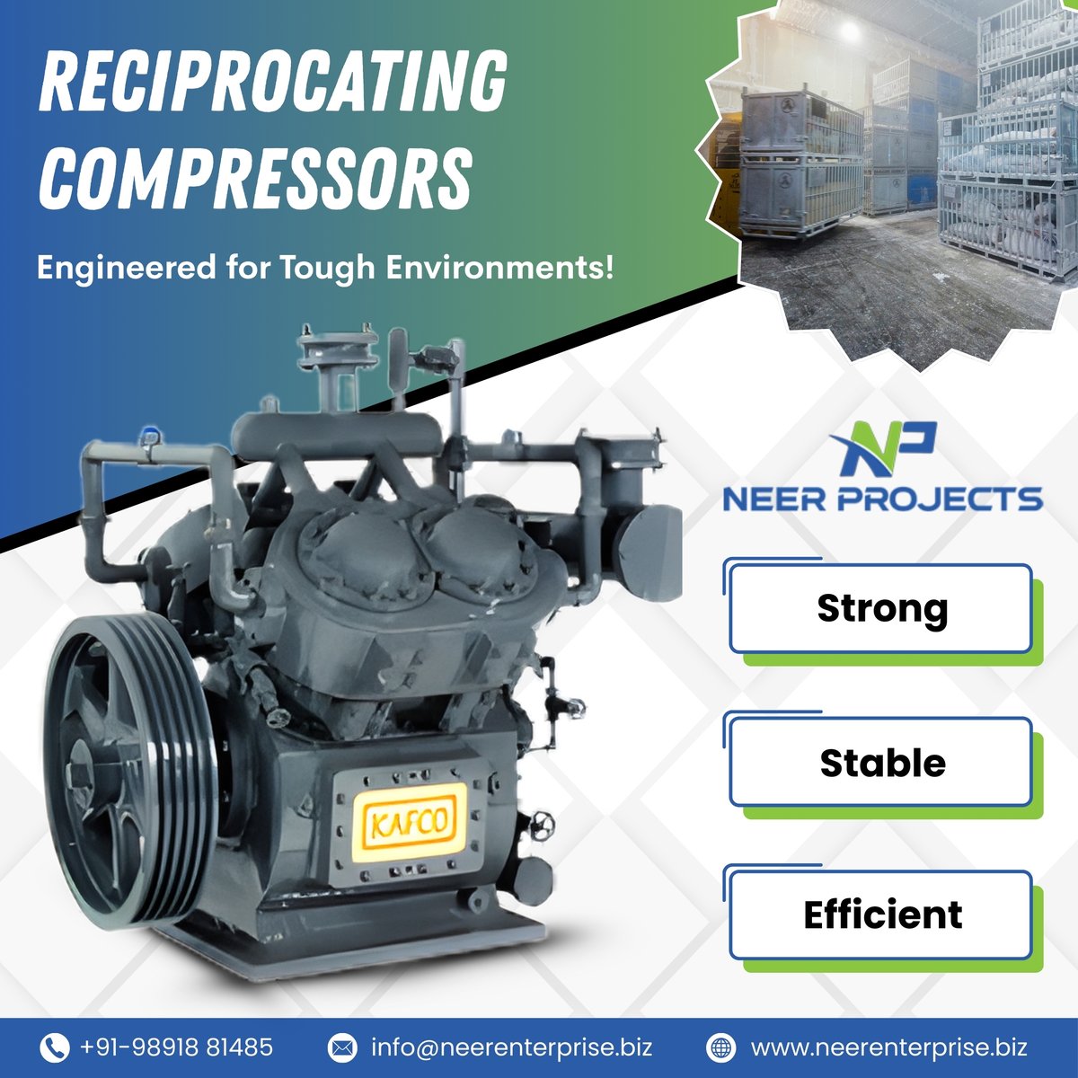 neerenterprise's tweet image. Built for continuous duty, reciprocating compressors deliver stable, efficient cooling for low &amp;amp; medium temperature applications ideal for cold rooms &amp;amp; heavy-load refrigeration systems.

Visit: neerenterprise.biz/products/cold-…

#NeerEnterprisesPvtLtd #NeerProjects #ReciprocatingCompressor