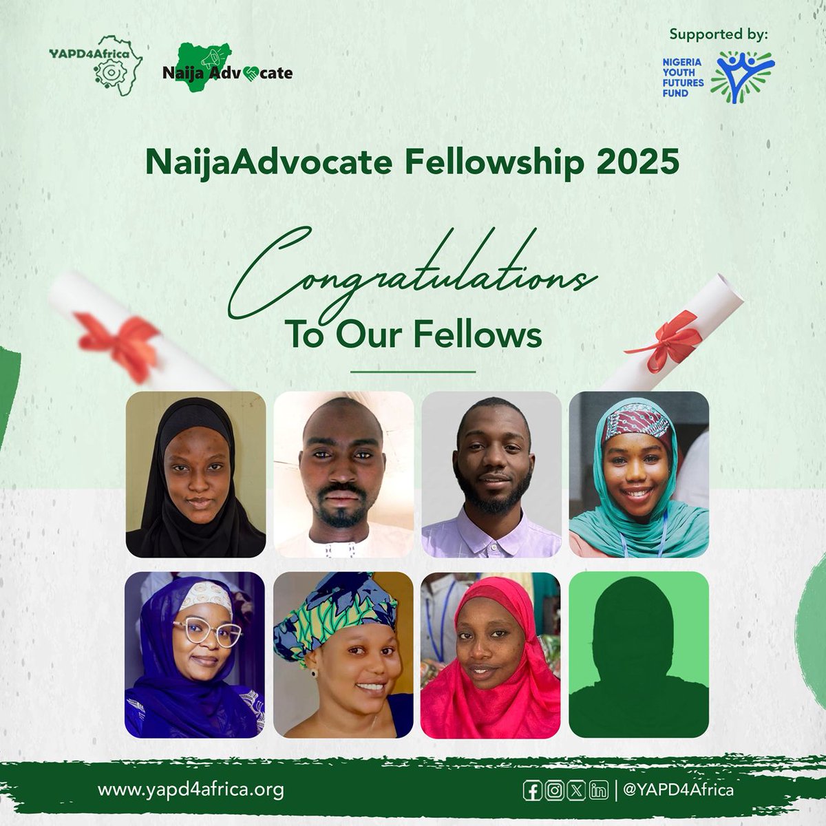 YAPD4Africa's tweet photo. LADIES AND GENTLEMEN: Meet the #NaijaAdvocate Fellowship Graduates 🎉🎓!
We are proud to introduce the 8 outstanding fellows who have successfully completed the NaijaAdvocate Fellowship program in Kano State, First Cohort 2025/26.
Drop a emoji to celebrate them!
#FixTheirPHCs https://t.co/dlZmSs7JnQ