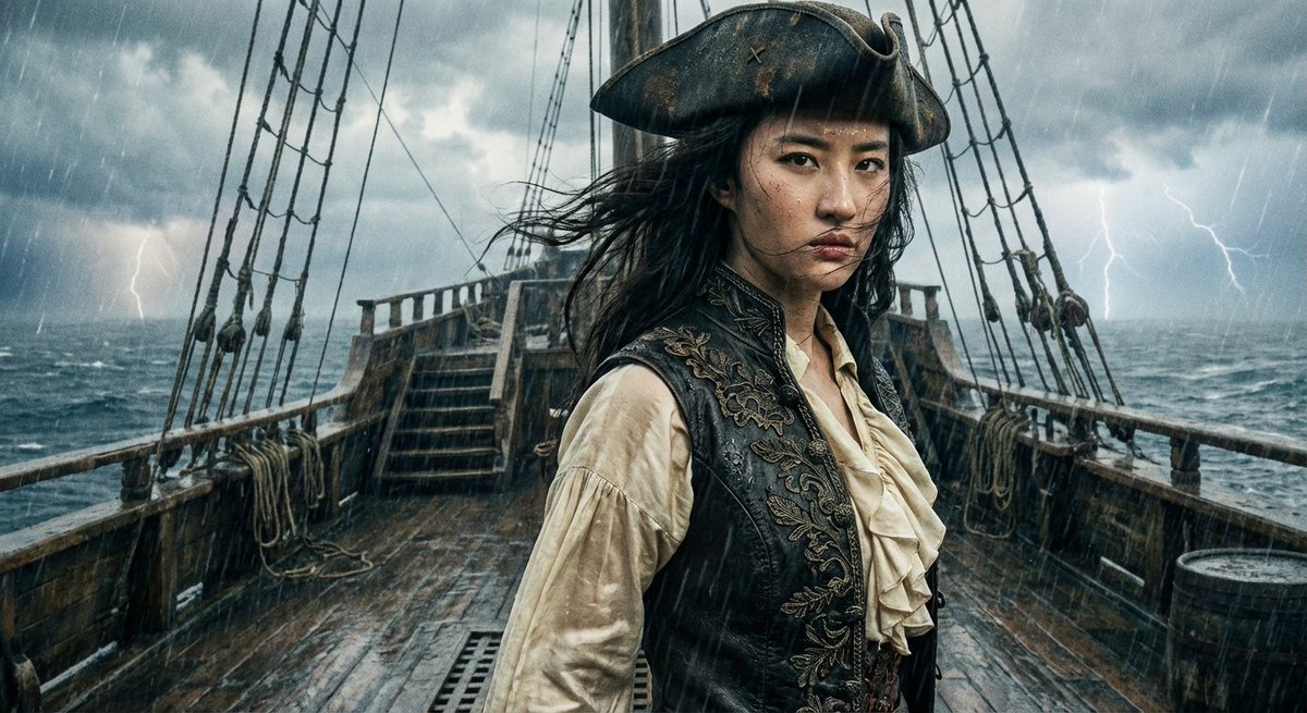 CryptoOracle168's tweet image. ✨ 提示词：
Ultra-realistic medium full shot portrait based on reference photo, 刘亦菲 posing with a daring, adventurous expression on the rain-slicked deck of an old pirate ship, the wind whipping their flowing, high-fashion pirate costume (silken ruffled shirt, ornate leather…