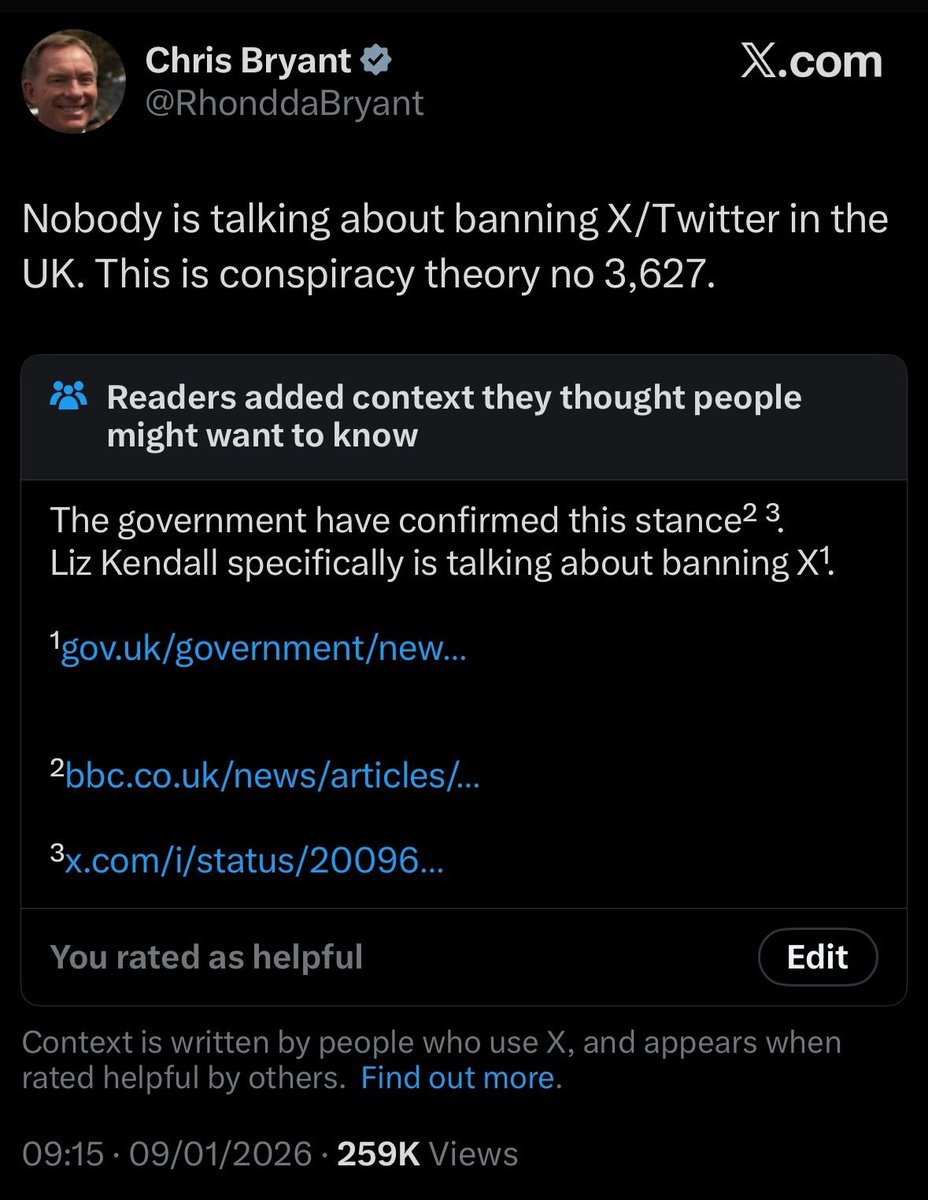 Business Secretary Peter Kyle tells <a href="/TimesRadio/">Times Radio</a> that "of course" the government would consider banning X in Britain.

Just three days after technology minister Chris Bryant ridiculed such suggestions as a "conspiracy", in what appears to be a now-deleted tweet.
