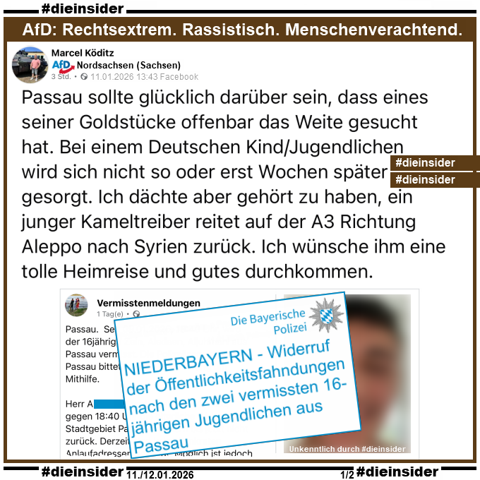 Die_Insider's tweet photo. In #Passau wurde ein 16jähriger Jugendlicher vermisst (Später wurde nach einem weiteren gesucht).
Hier zeigen wir euch, wie #ekelhAfD Marcel Köditz, #fckafd #Nordsachsen dazu berichtet!
Die beiden Jungen wurden mittlerweile zum Glück wohlbehalten aufgefunden!
#DieInsider
1/2 https://t.co/csGkL9kdpu