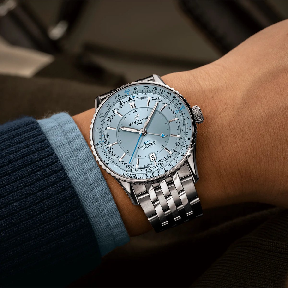 Where heritage meets horizon. Breitling Navitimer GMT 41: ice blue dial, stainless steel, slide rule, notched bezel, and balanced charm.

#AllWatches #AllWatchesAlwaysWithYou #Breitling #BreitlingWatch #BreitlingNavitimer #Navitimer #Pilotwatch #Pilotwatches #GMTWatch