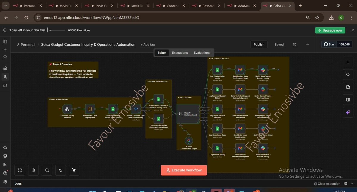 FEmosivbe's tweet photo. Built an AI system that automatically:

• Cleans &amp; standardizes customer data
• Detects intent (sales, support, repair, etc.)
• Identifies new vs returning customers
• Tracks repeat inquiries
• Assigns priority
• Routes to the right team in seconds

🧵 https://t.co/eIvZe3eoc6