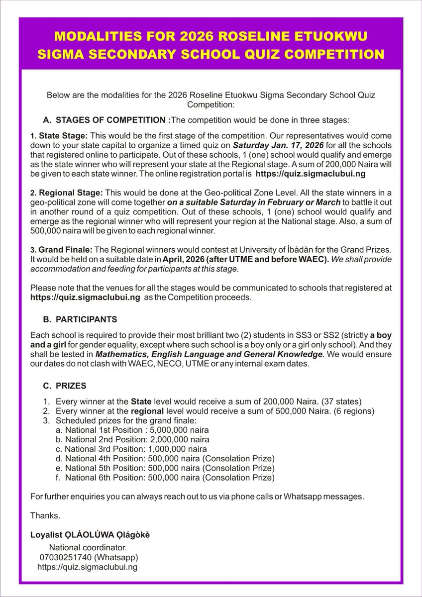 _sigmaclub_ui's tweet photo. Here are the Modalities for 2026 Roseline Etuokwu Sigma secondary school Quiz Competition.💜💛

It comprises information on the Stages of the competition and participants

#sigmaclub_ui https://t.co/mzYLlBYGMJ