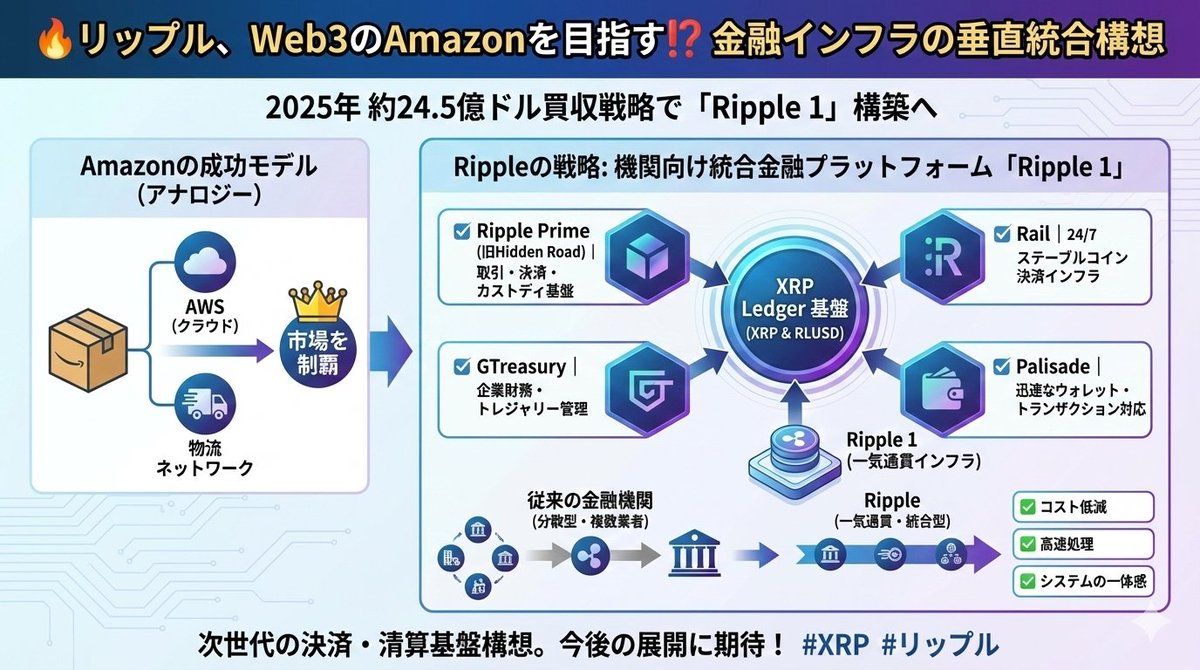 🔥リップルがWeb3のAmazonを目指す⁉️ 専門家の一部の見方によると、リップルは2025年の約24.5億ドル（約3400億円）規模の買収戦略を通じて、金融インフラの垂直統合（ワンストップ）モデルを構築しつつあるそうです。  これは単なる取引ではなく、XRPとRLUSDを基盤に据え ...