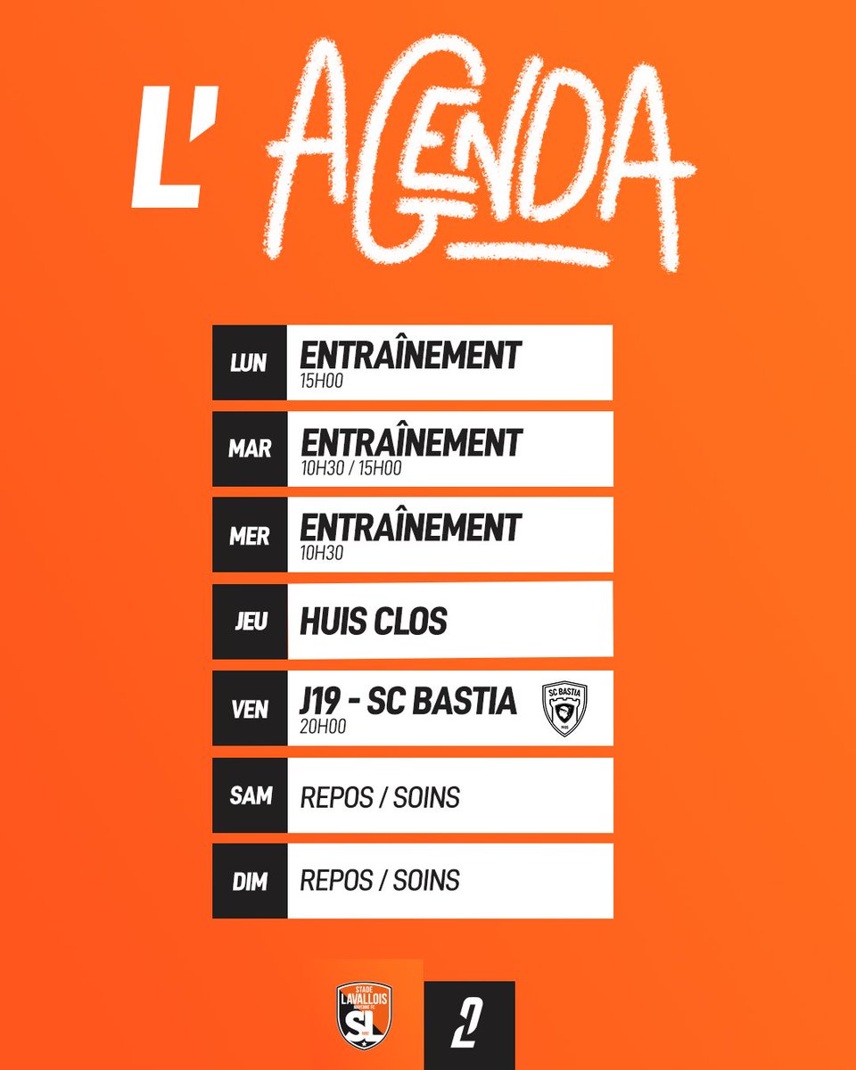 🗓️⚙️ Découvrez le programme de la semaine pour nos Tango, avec la réception du <a href="/SCBastia/">SC Bastia</a> à Le-Basser vendredi ! 🧡🖤

#SouriezCestduFootCestLaval