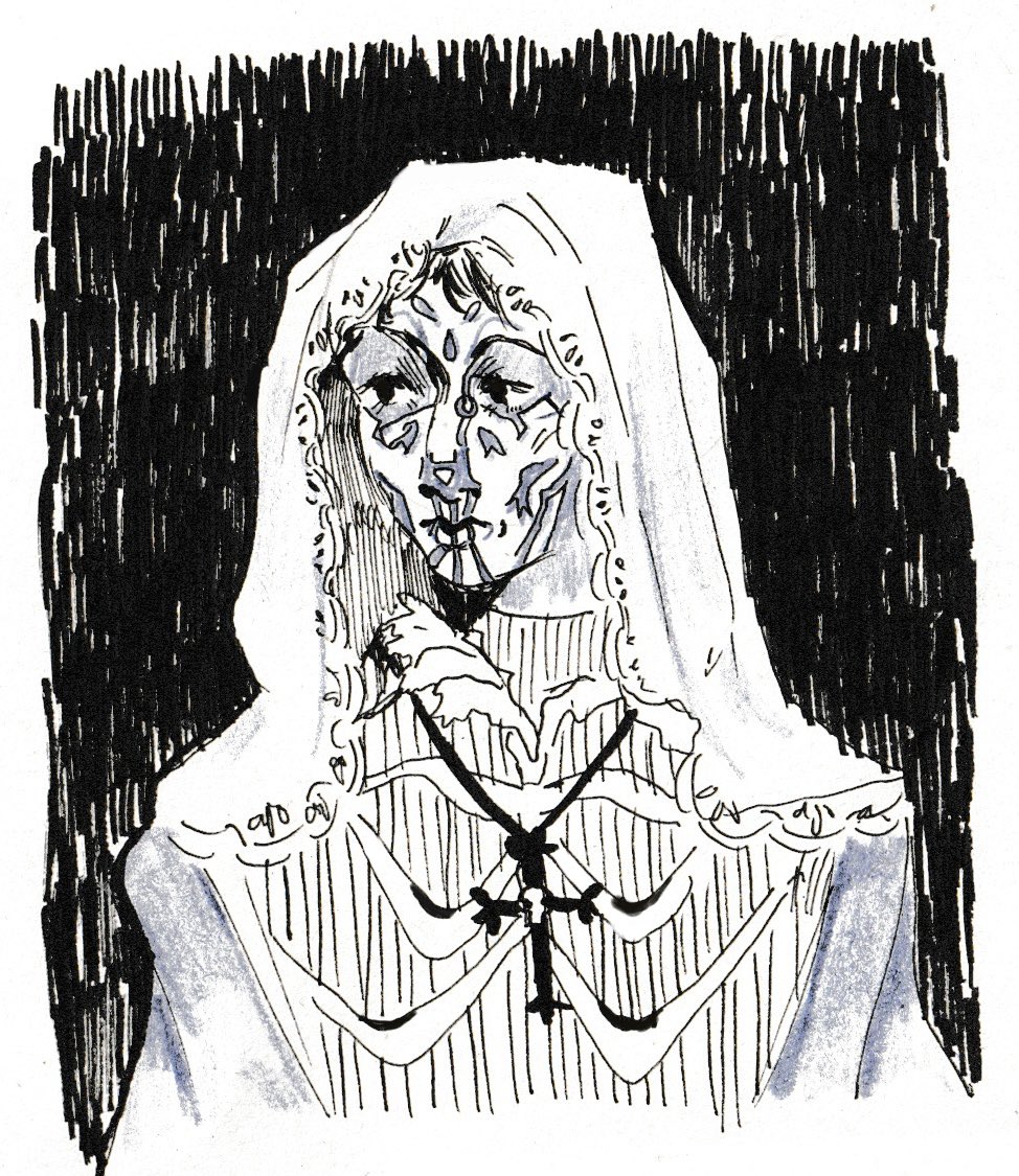 Ashiistired's tweet photo. Quick traditional Harrowhark sketch from a second ago. One day I’m going to have a solid idea of how to draw her https://t.co/cAQ1Yb5X9v