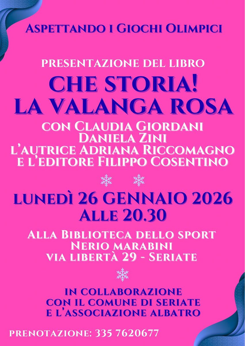 presanellarete's tweet image. Il prossimo appuntamento con 𝑪𝙝𝒆 𝒔𝙩𝒐𝙧𝒊𝙖! 𝑳𝙖 𝙑𝒂𝙡𝒂𝙣𝒈𝙖 𝙍𝒐𝙨𝒂 (@CoseNoteEd) è per lunedì 26 gennaio alla Biblioteca dello #Sport “Nerio Marabini” a Seriate, alle porte di Bergamo ✨

#scialpino⛷🎿❄️ #scifemminile #scialpinofemminile #valangarosa