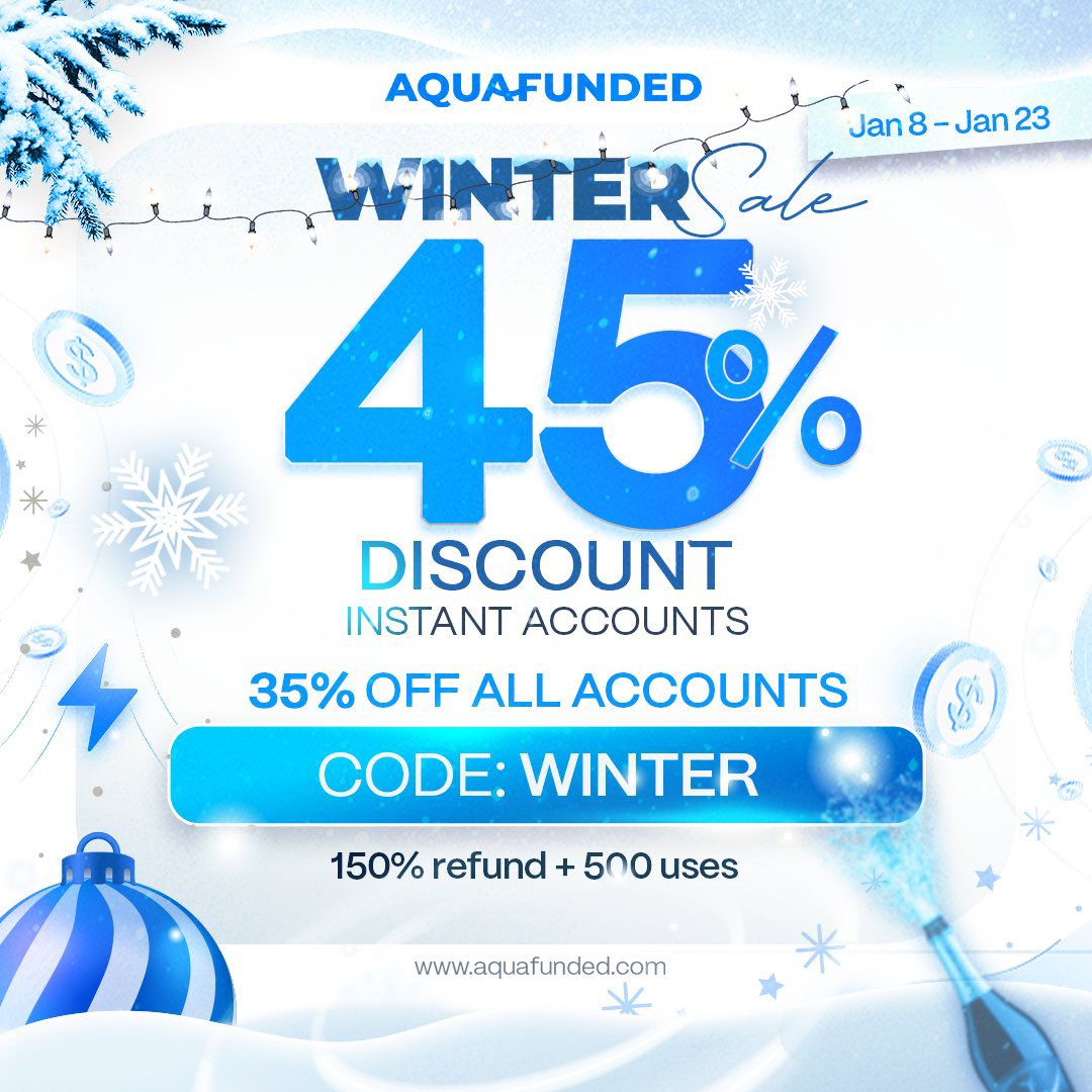 The accounts you’ve been waiting for… just became 45% more affordable.  
Winter Sale from <a href="/AquaFunded/">AquaFunded</a>: 

• 45% OFF Instant Funding  
• 35% OFF All Accounts  
• 150% Refund + 500 Resets  
Code: WINTER  
Your next level starts now.  
(ends Jan 23)

Get yours now before it’s