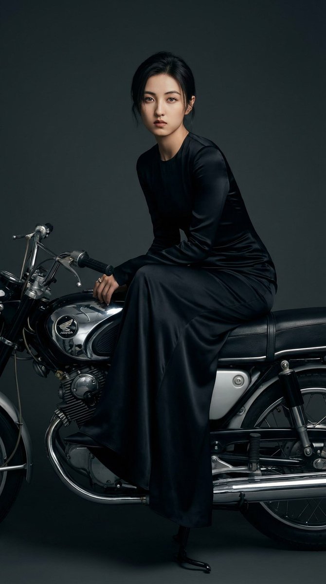 CryptoOracle168's tweet image. 提示词:
name sitting sideways on a restored 1960s vintage motorcycle, wearing a deep-black silk body-hugging gown, long legs elegantly crossed, intense captivating eyes, soft studio rim lighting, cinematic contrast, high-fashion Vogue editorial style, shallow depth of field,…
