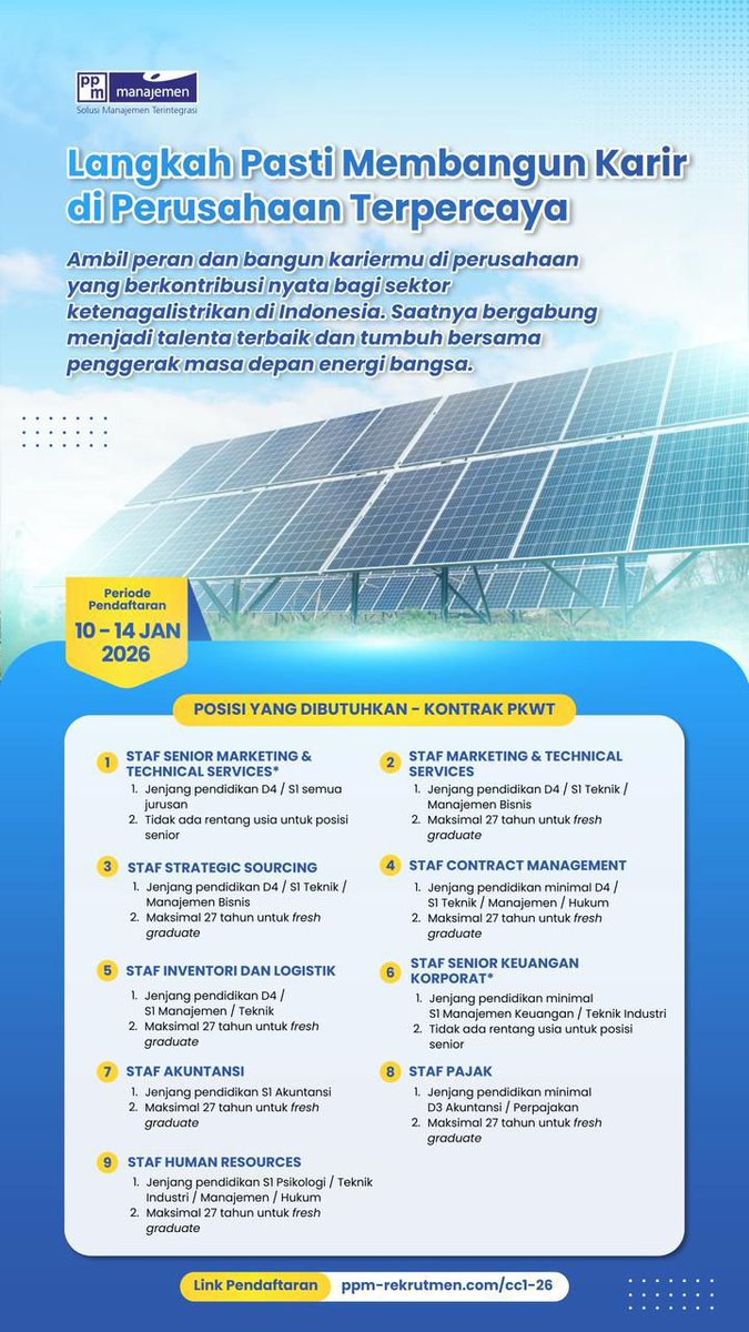 after_ammm's tweet photo. @worksfess yukk gaskenn, ada buat freshgraduate

Periode Pendaftaran: 10–14 Januari 2026
Status: Kontrak PKWT
Link pendaftaran: 
https://t.co/9ZhfzirXez

#loker2026
#freshgraduate https://t.co/wZCSXhpyLt