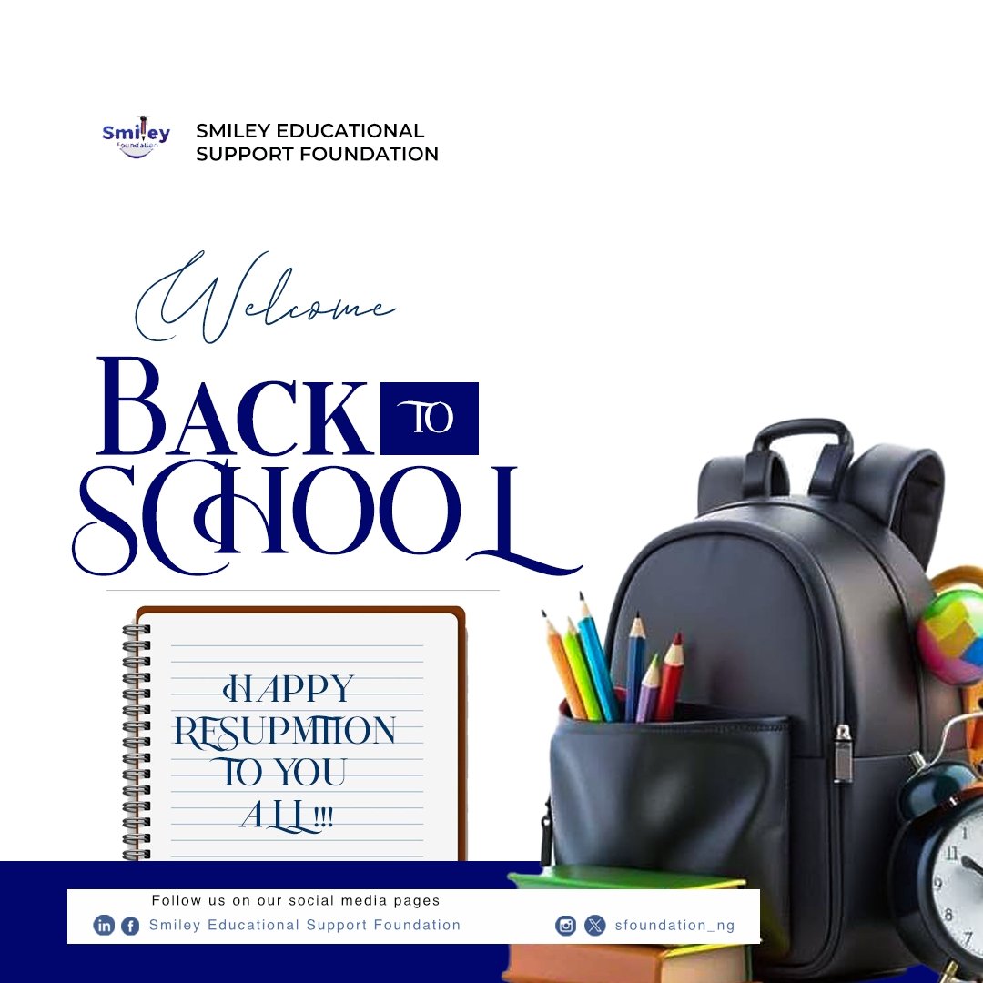 Sfoundation_ng's tweet photo. Back to school, back to growth!
 Smiley Educational Support Foundation wishes you a strong term.
.
.
. 

#BackToSchool
#EducationSupport 
 #SmileyFoundation https://t.co/HOxuXKjben
