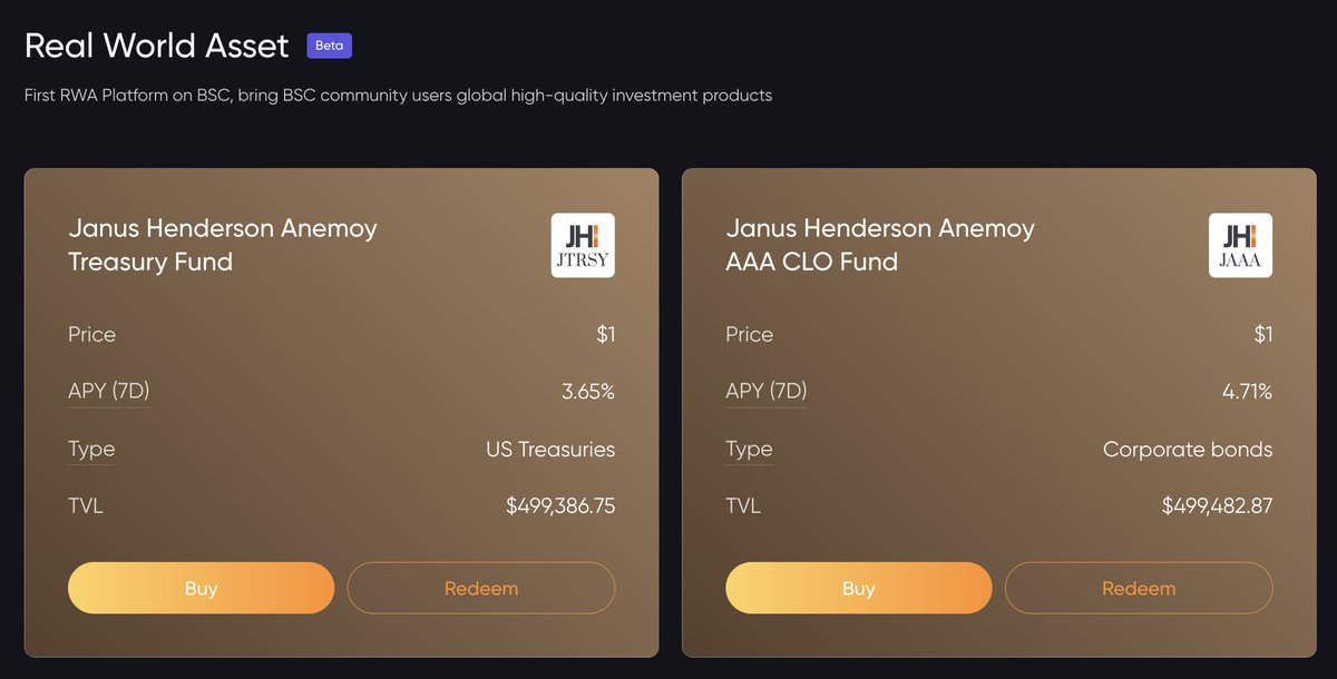 RWA is now available on <a href="/lista_dao/">Lista DAO</a> 

Open access, on-chain, starting today.

Lista is the first platform on <a href="/BNBCHAIN/">BNB Chain</a> to offer native RWA exposure, allowing users to deposit USDT and receive yield.

🔹U.S. Treasury Bills — 3.65% APY
🔹AAA-rated CLOs — 4.71% APY

🔗