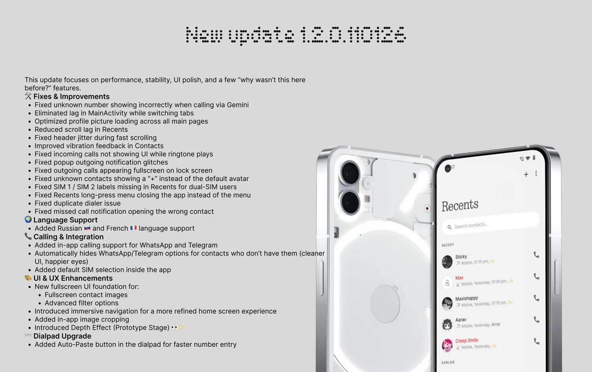 VoidCaller v1.2.0.110126 is live 🚀

Smoother UI, call &amp; dual-SIM fixes, WhatsApp/Telegram in-app calling, fullscreen contacts, auto-paste dialpad, plus RU &amp; FR support.
#VoidCaller #Nothing