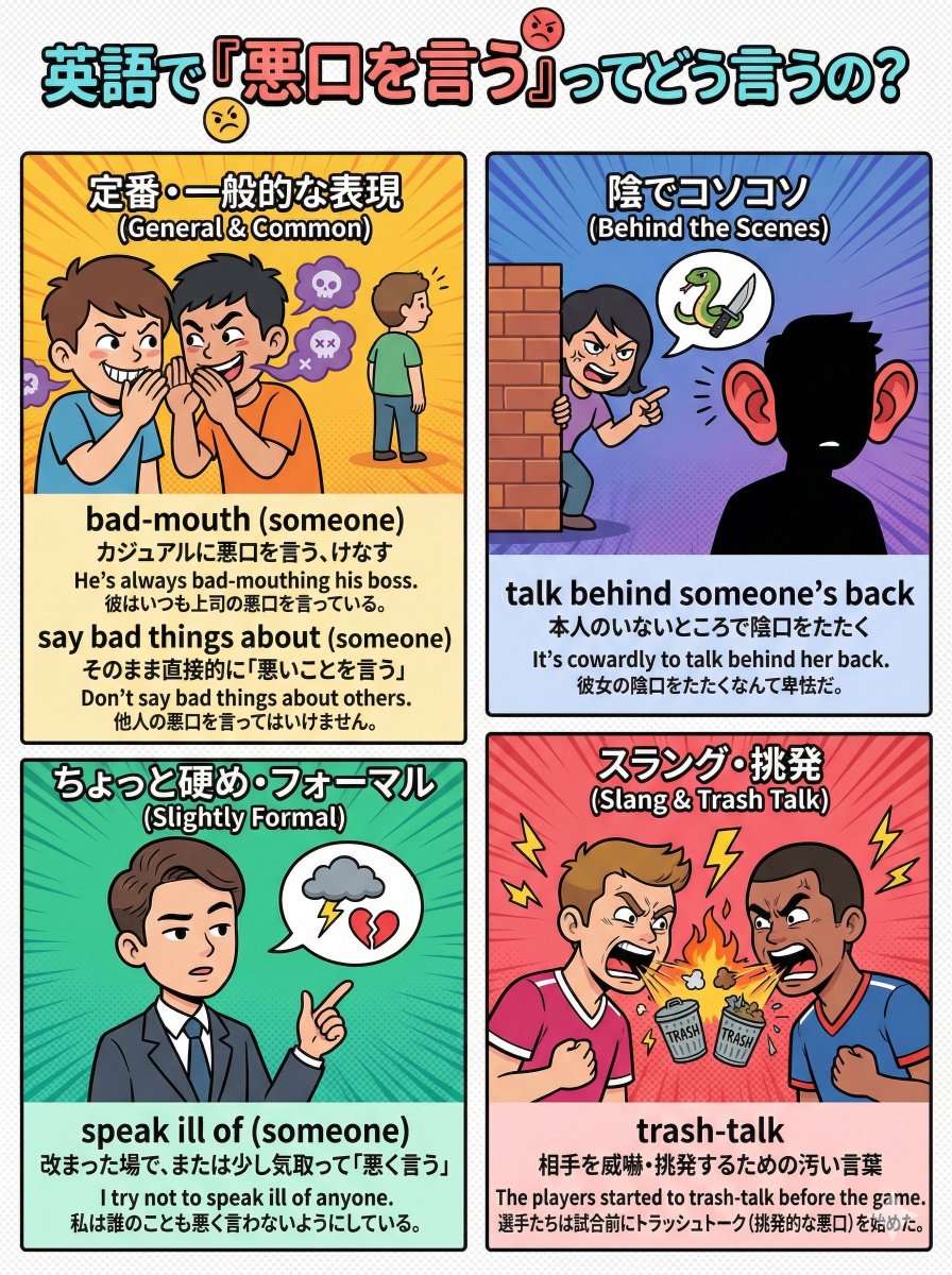 She is bad-mouthing you 彼女、君の悪口言ってるよ bad-mouth（動）はアメリカのスラングで「悪口を言う」という意味 だよ。後ろに対象を目的語として置くことができる✨