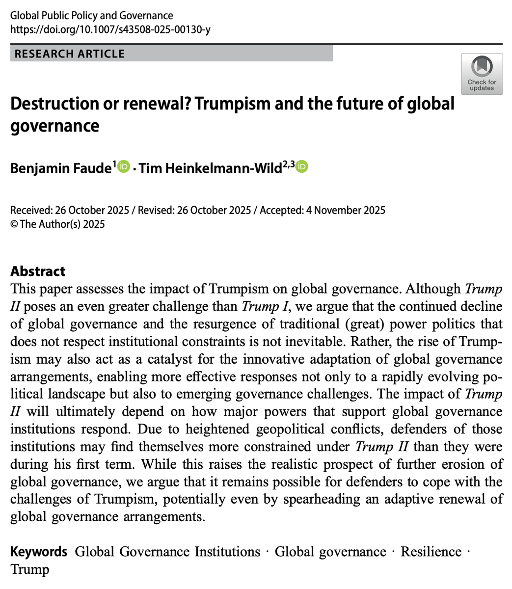 heinkelmannwild's tweet image. 🇺🇸⚡️🇺🇳 Great to see the timely Special Issue ‘Trumpism and Global Governance’ published in Global Public Policy and Governance #GPPG!

@Dr_Faude  &amp;amp; I argue that the #destruction of GG is not inevitable but that #Europe can promote its #renewal: doi.org/10.1007/s43508…