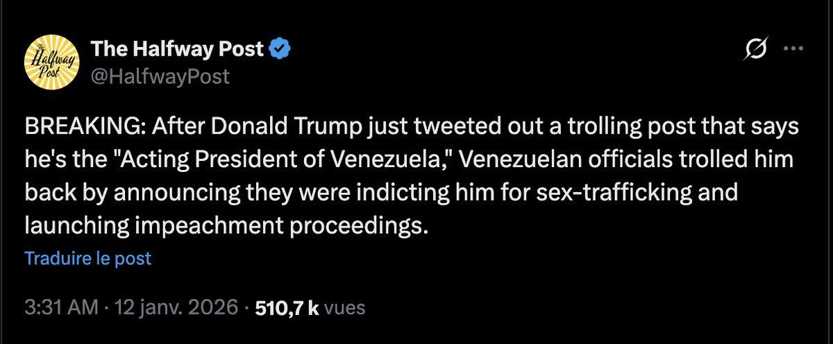 Nain_Portekoi's tweet image. Nous vivons une époque où Trump se proclame "Président intérimaire du Vénézuéla"... Et les autorités vénézuéliennes répliquent en lui disant qu'il est inculpé pour trafic d'être humains et qu'ils lancent une procédure de destitution.
Même le Gorafi et South Park sont dépassés..