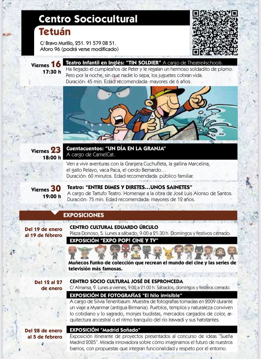 Ya está disponible la programación del mes de Enero del distrito de Tetuán.

¡Échale un vistazo y no te lo pierdas! 👀

#asociacionismoTetuán #participaciónciudadana #familiasvulnerables #barrio #tetuán #red #asociacionismo