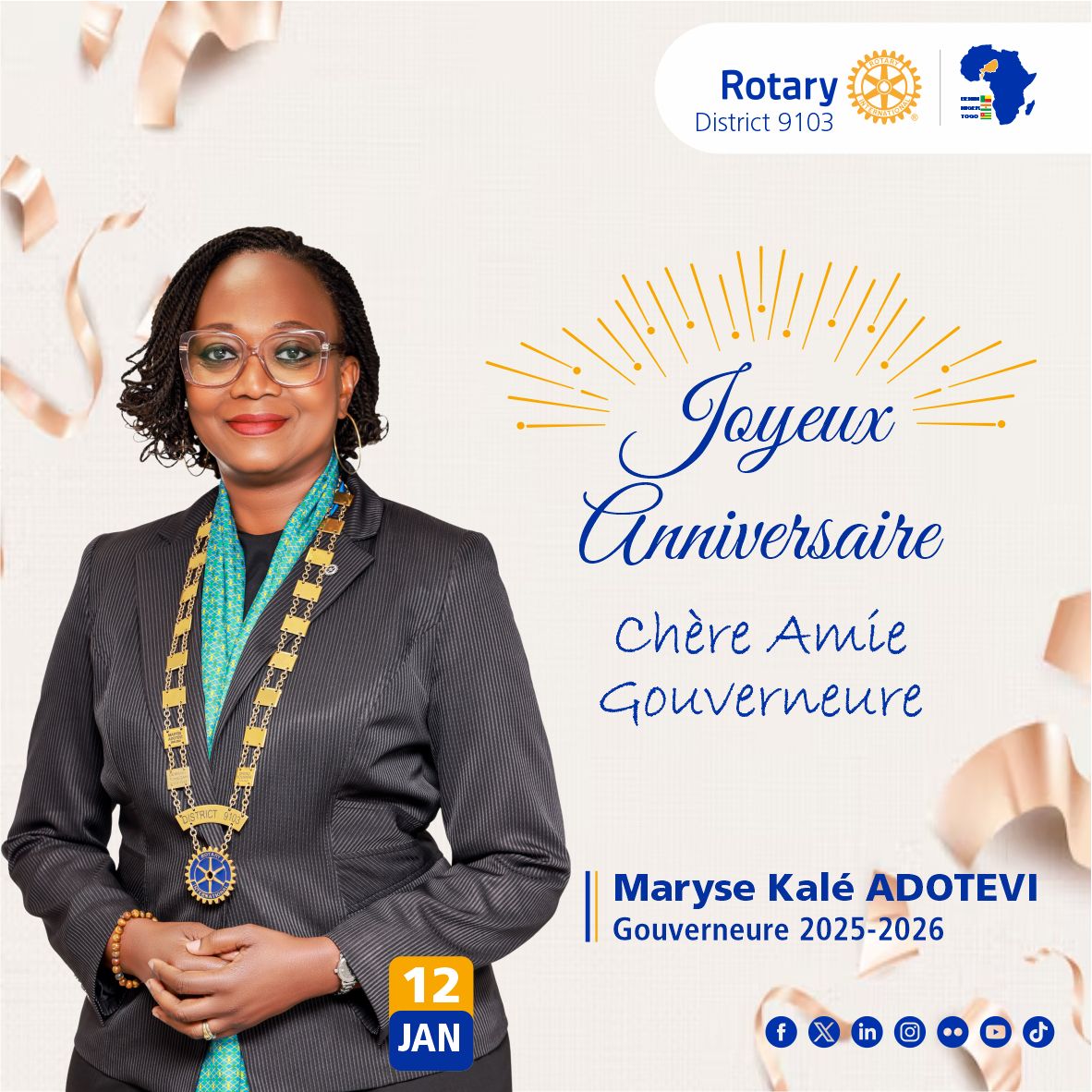 District9103's tweet photo. Joyeux anniversaire, chère Amie Gouverneure 🌟
Merci pour ton leadership éclairé et ton engagement constant au service du District 9103 et du Rotary.

#JoyeuxAnniversaire
#MaryseKaléAdotevi
#District9103
#LeadershipRotarien
#UnisPourFaireLeBien
#FiertéRotarienne https://t.co/BoQdXEyAvQ