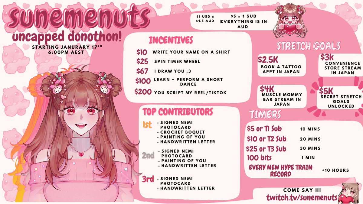 sunemenuts's tweet photo. in celebration of graduating from uni and for hitting 2k followers on twitch, i am excited to announce my donothon!!!! all funds will proceed to my graduation trip to japan!!!

cant wait to see yall on Jan 17th 6pm AEST 🥹💗 https://t.co/k2fuVPLhlG