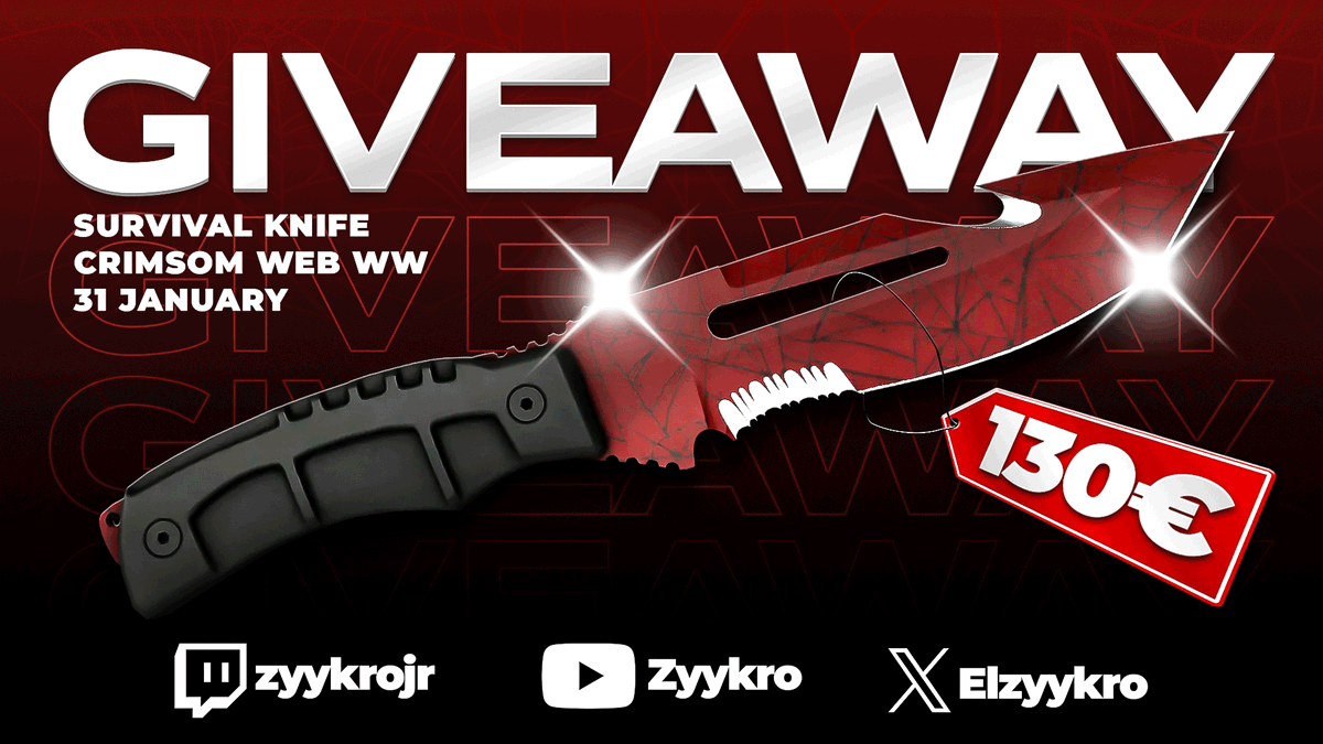 ZyykroJr's tweet photo. 🎁 GIVEAWAY SURVIVAL KNIFE CRIMSON WEB WW (~130€) ! 🎁

Tirage 31 janvier – participe via Gleam 👇
https://t.co/fTvSUAq2aK
Like/RT + follow pour le soutien

#CS2 #GiveawayCS2 #Faceit #CS2FR #TwitchFR #ZyykroGrind https://t.co/88pfp8k4yt