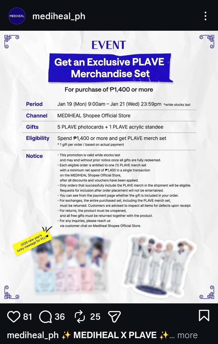 [💸]

✨ 𝗠𝗘𝗗𝗜𝗛𝗘𝗔𝗟 𝗫 𝗣𝗟𝗔𝗩𝗘 ✨

Mediaheal x PLAVE event will be available in MEDIHEAL PH Shopee Official Store!!

Let's engage here, PLLIpinos!
instagram.com/p/DTZ8W7eiVgC/…

#PLAVE #플레이브