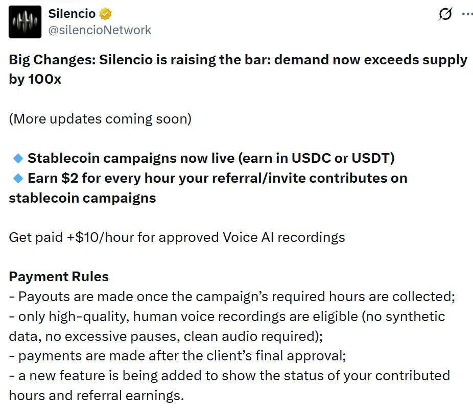 🪂 Earn upto $40/day : 0$ Investment (limited time)

• Get paid up to $10/hour on your native lang
• Payments in USDC (peaq network)
• Earn crypto by recording your voice and helping train AI models.
• No investment needed just your voice, browser, and wallet.

I’m talking