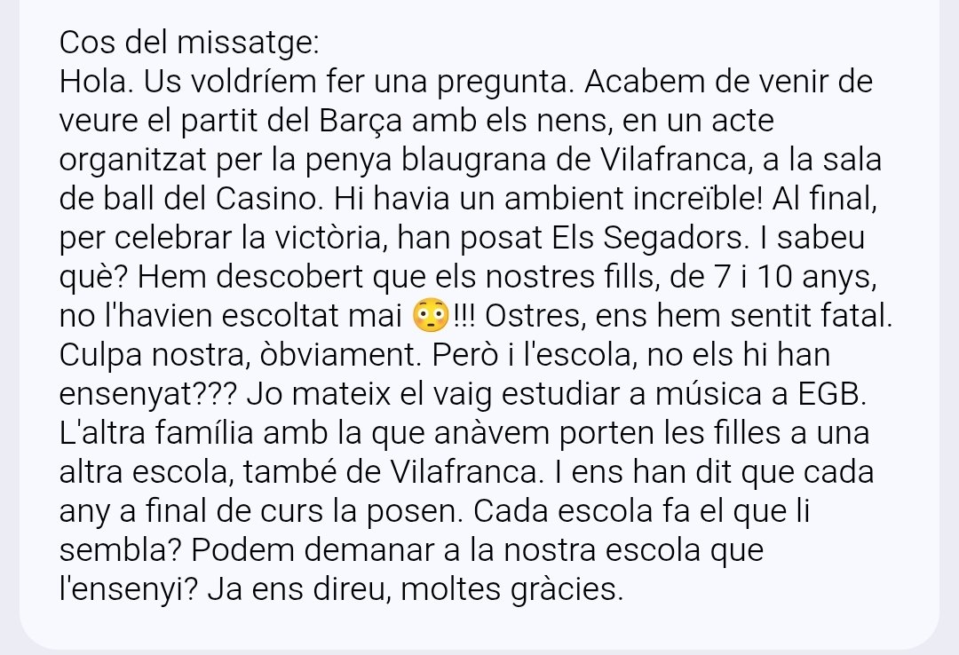 FamiliesxCatala's tweet image. Aquests pares de Vilafranca es van adonar que els seus fills, de 7 i 10 anys, no havien sentit mai l'himne nacional de Catalunya. Ens pregunten si l'escola no l'hauria d'ensenyar. 

A l'escola dels vostres fills estudien o posen en alguna ocasió Els Segadors?