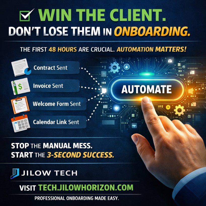 JILOWTech's tweet photo. You won the client. Now, don't lose them with a messy onboarding.

The first 48 hours of a client relationship are the most critical. If you are still manually sending:
The contract
The invoice
The "Welcome" questionnaire
The calendar link
...you are already behind. https://t.co/Othnp8yir6